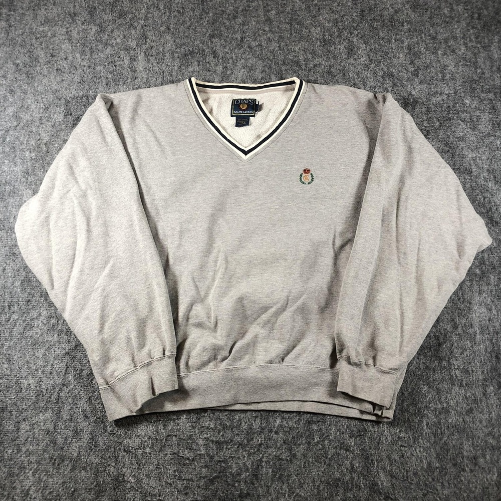 Vintage Chaps Ralph Lauren Sweatshirt Mens XL Gray V Neck Crest Embroidered